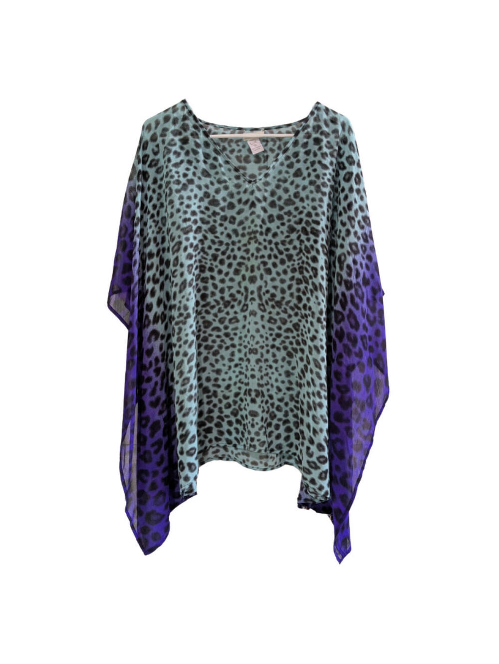 Chico’s Women’s Chiffon Kaftan Cover-Up Top, Blue Purple Leopard Print Size L/XL